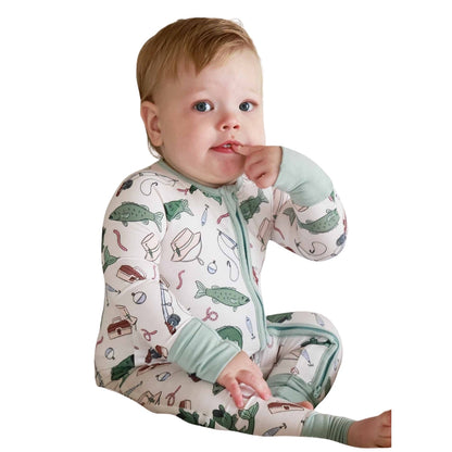 Fishing Green White Baby Convertible Zippy Romper, Fishing Baby Romper Convertible BB0671