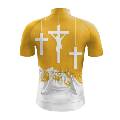 Christian Yellow And White Cycling Short Sleeve Jersey For Men, Christian Cycling Jersey CG0870