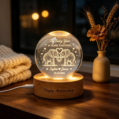 The Ivory Year Custom Wedding Anniversary Crystal Ball Led Night Light, Custom 14 Years Wedding Night Light WD0900