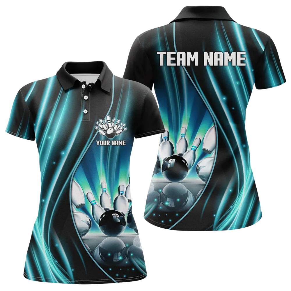 Custom Team Black And Pink Lightning Bowling Polo Shirt For Ladies, Custom Bowling Shirt For Women BZ0488