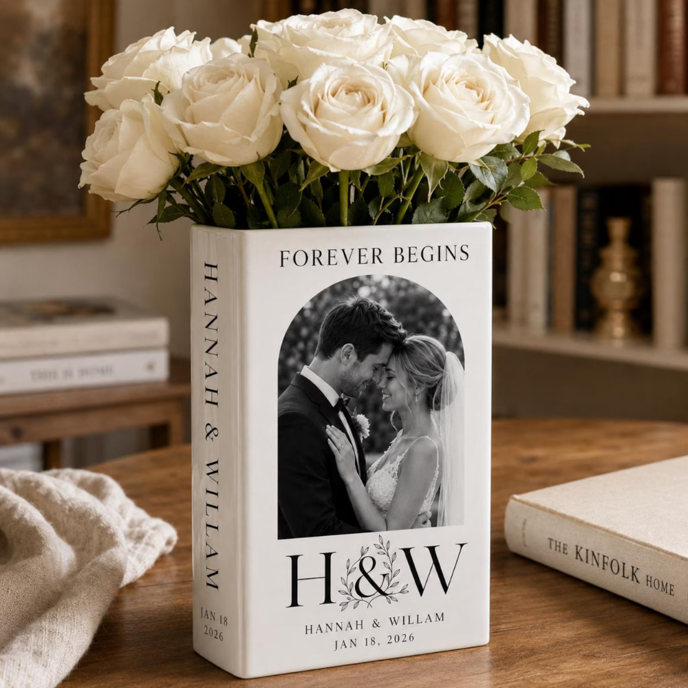 Custom Wedding Photo Ceramic Book Vase, Personalized Wedding Book Vase WD0555