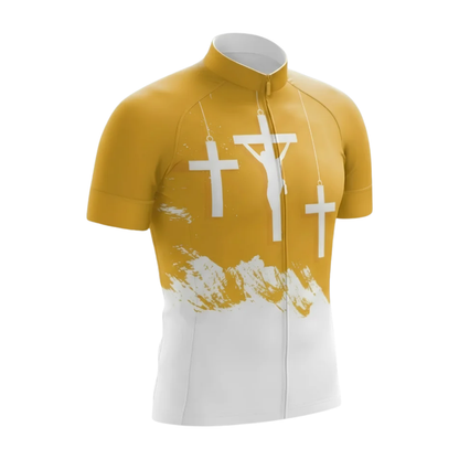 Christian Yellow And White Cycling Short Sleeve Jersey For Men, Christian Cycling Jersey CG0870