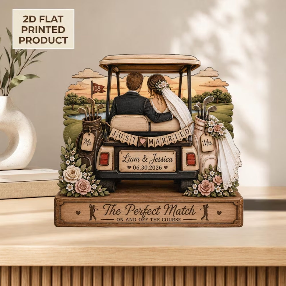 Just Married Custom Golf Couple Wedding Wooden Plaque, Custom Wedding Golf Keepsake Wodden Block WD0787