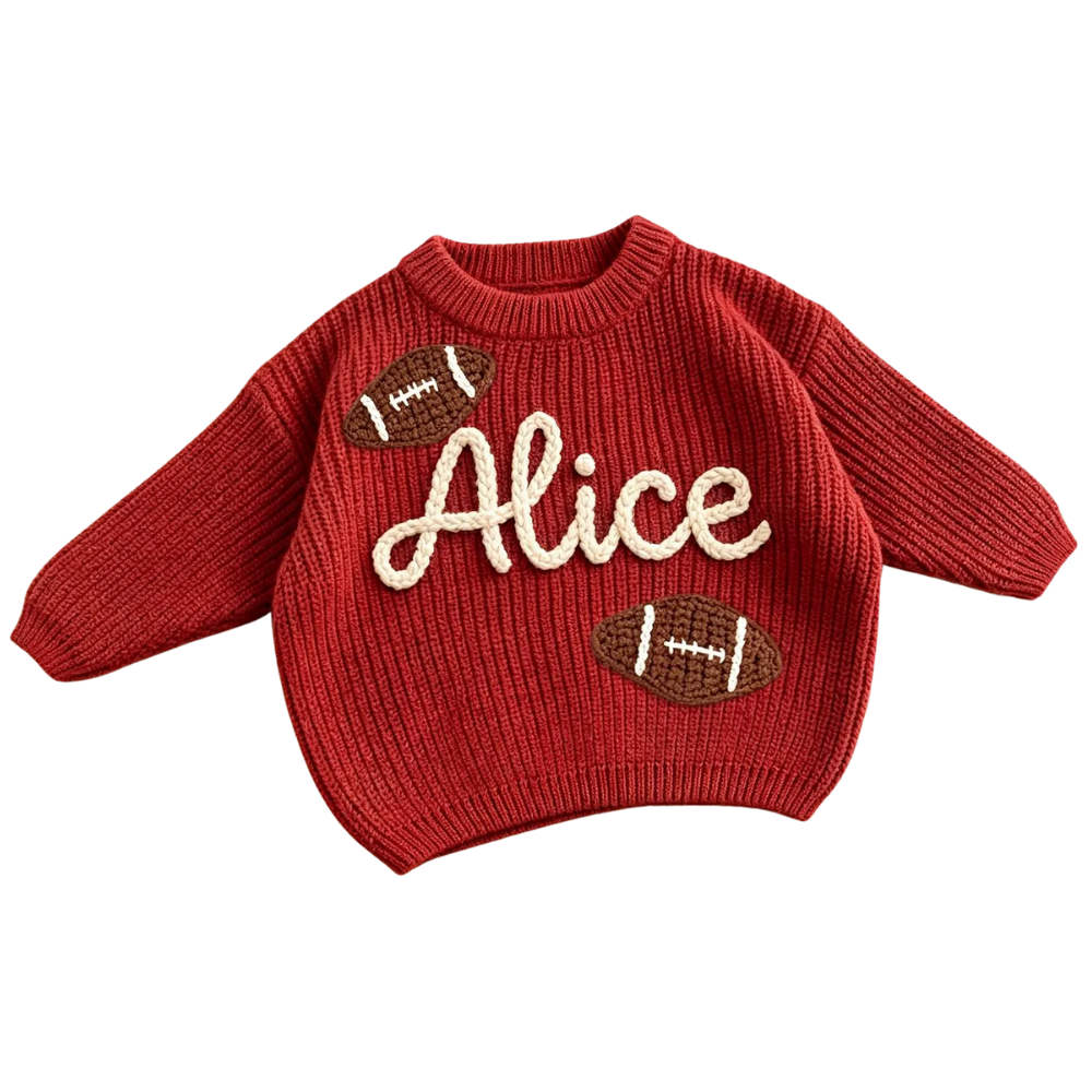 Custom Name Football Baby Embroidered Knit Sweater, Personalized Baby Football Sweatshirt BB0800