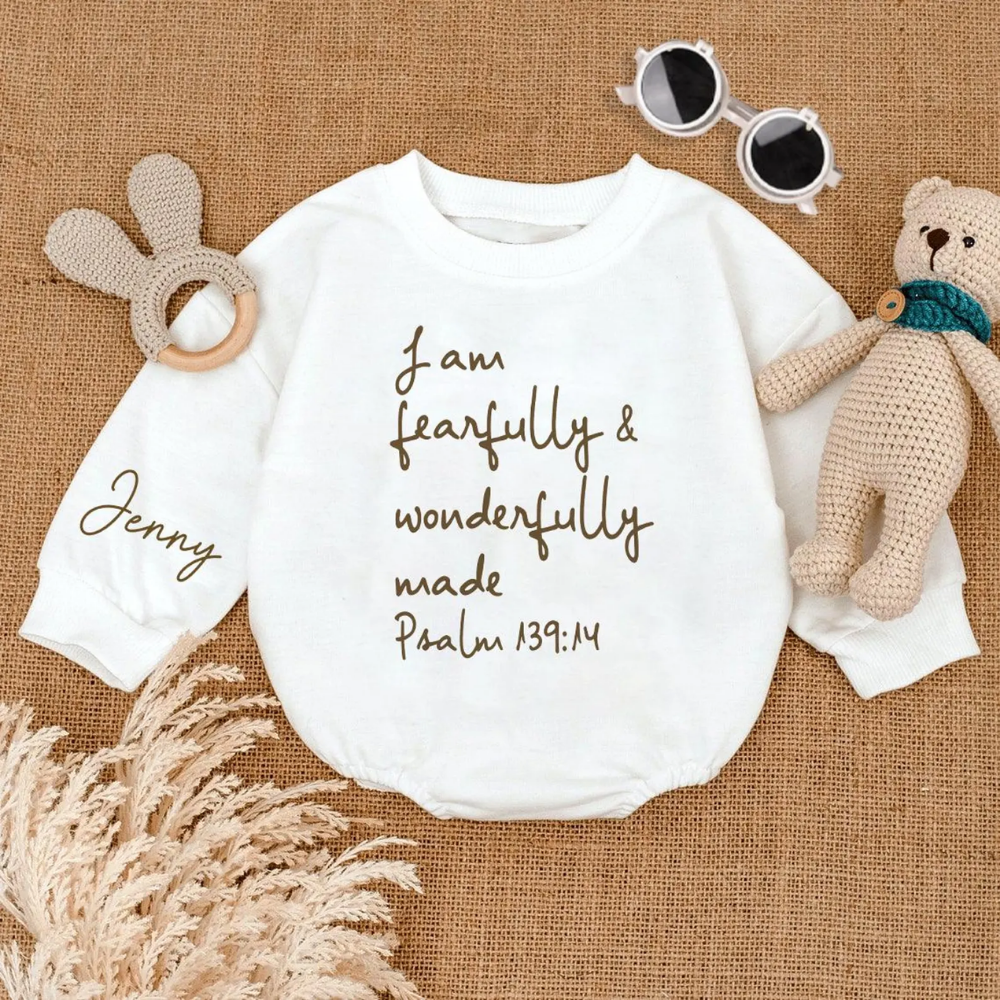 I Am Fearfully and Wonderfully Made Custom Name Baby Romper Sweatshirt, Custom Christian Bible Verse Baby Romper Sweatshirt BB0149