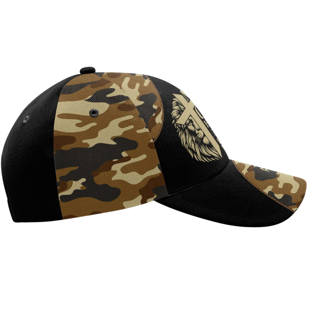 Man Of God Husband Dad Protector Here Custom Lion Cross Camo Baseball Cap, Personalized Lion Christian Hat For Husband Dad CP0595