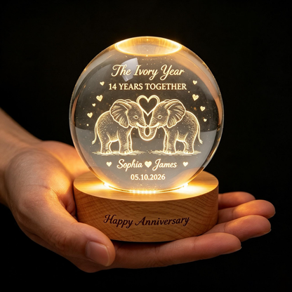 The Ivory Year Custom Wedding Anniversary Crystal Ball Led Night Light, Custom 14 Years Wedding Night Light WD0900