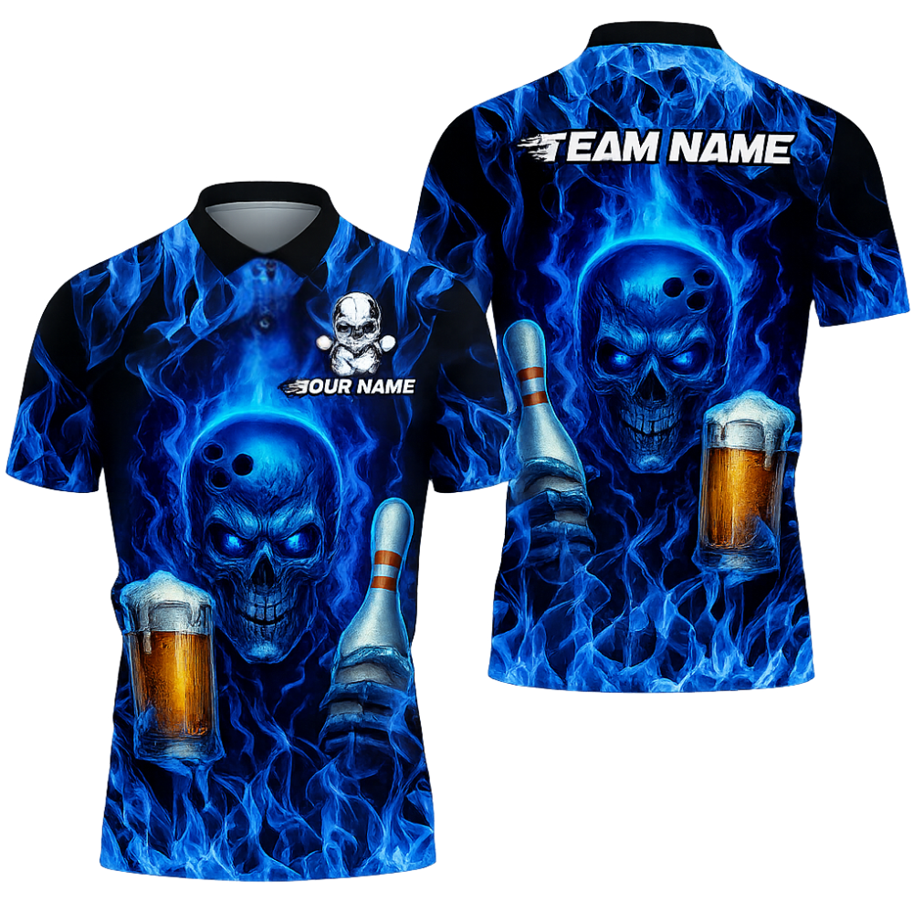 Custom Red Flame Skull And Beer Men's Bowling Polo Shirt, Custom Skull Bowling Team Shirts BZ0468