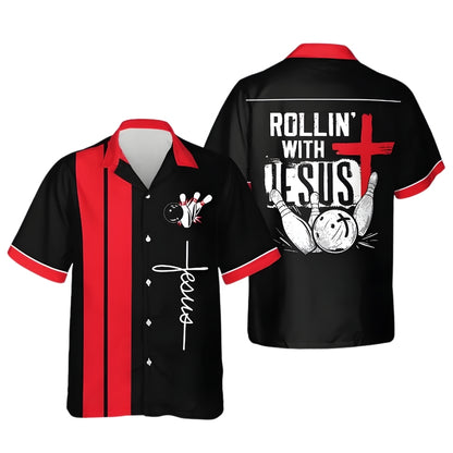 Rollin' With Jesus Black And Red Hawaiian Bowling Shirt For Men, Christians Bowling Shirts BE0127