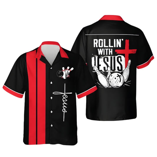 Rollin' With Jesus Black And Red Hawaiian Bowling Shirt For Men, Christians Bowling Shirts BE0127