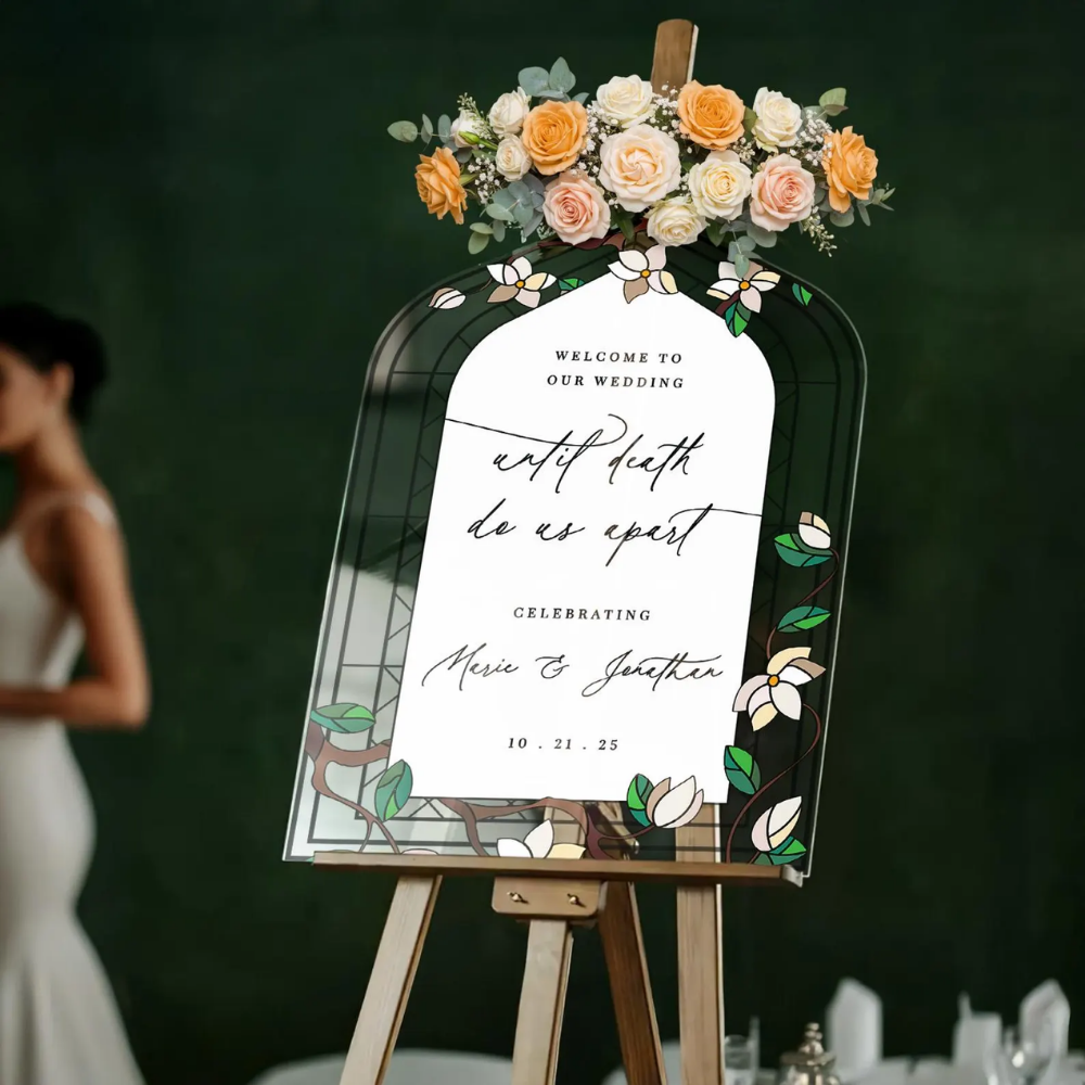 Personalized Until Death Do Us A Part Floral  Stained Glass Wedding Acrylic Sign, Custom Floral Stained Glass Welcome Sign For Wedding WD0706