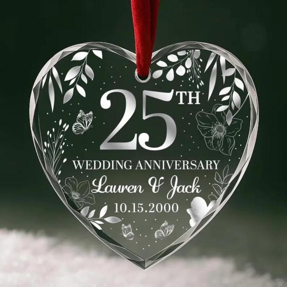 Personalized 25th Wedding Anniversary Glass Ornament, Custom Silver Anniversary Ornament WD0286
