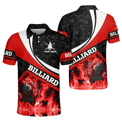 Custom Red Flame 8 Ball Billiard Men Polo Shirts, Custom Flame Billiard Team Shirts BIZ0164