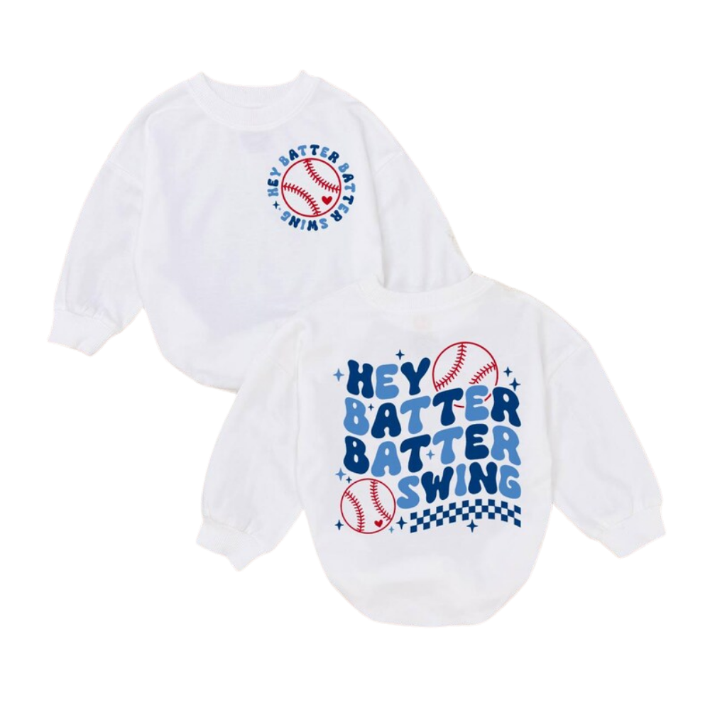 Hey Batter Batter Swing Baby Baseball Romper Sweater, Baseball Baby Romper Sweatshirt BB0231