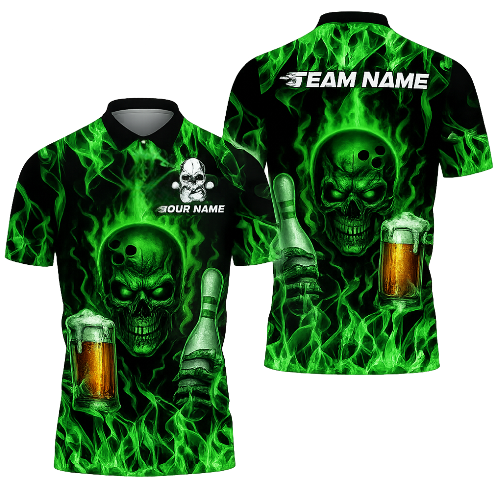 Custom Red Flame Skull And Beer Men's Bowling Polo Shirt, Custom Skull Bowling Team Shirts BZ0468