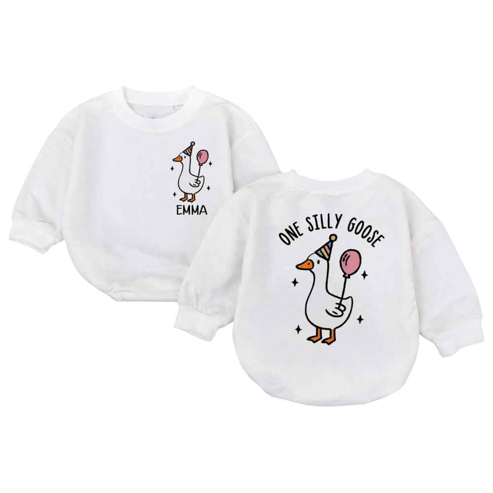 Custom Name One Silly Goose Baby Romper Sweatshirt, Custom First Birthday Baby Romper Sweatshirt BB0150