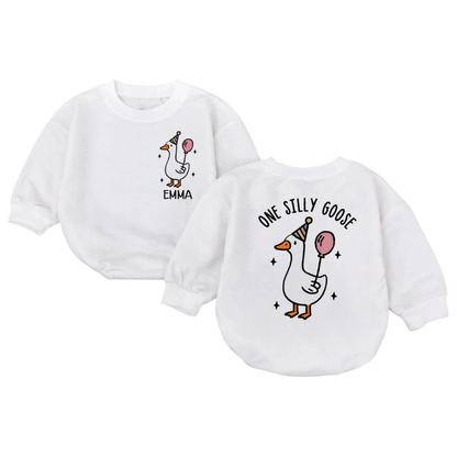 Custom Name One Silly Goose Baby Romper Sweatshirt, Custom First Birthday Baby Romper Sweatshirt BB0150