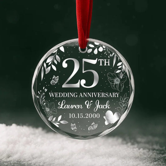 Personalized 25th Wedding Anniversary Glass Ornament, Custom Silver Anniversary Ornament WD0286