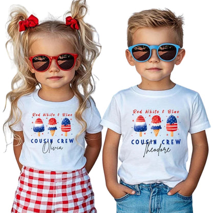 Red White And Blue American Flag Ice Cream Cousin Crew Custom Name Matching T Shirts, Personalized 4th Of July Matching Cousin Shirts ET0792