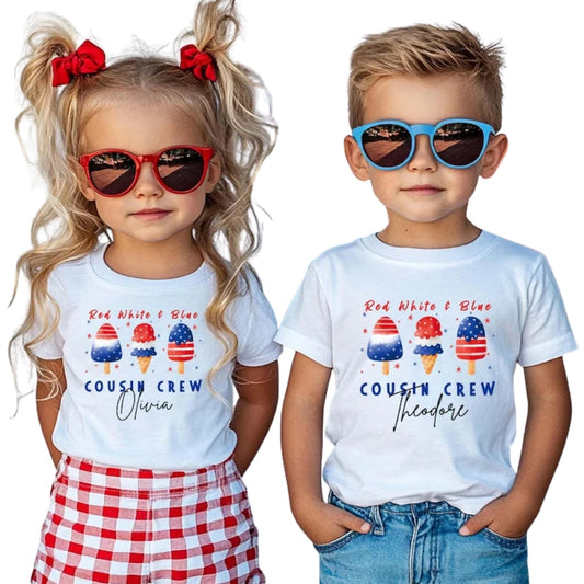 Red White And Blue American Flag Ice Cream Cousin Crew Custom Name Matching T Shirts, Personalized 4th Of July Matching Cousin Shirts ET0792