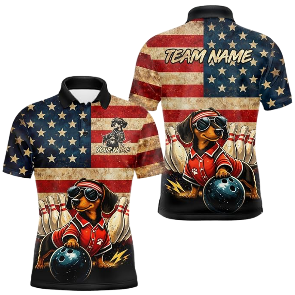 Dachshund Vintage American Flag Custom Mens Bowling Polo Shirt, Custom Dachshund Bowling Team Shirts BZ0539