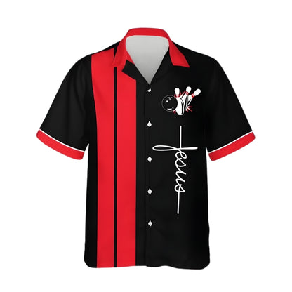 Rollin' With Jesus Black And Red Hawaiian Bowling Shirt For Men, Christians Bowling Shirts BE0127