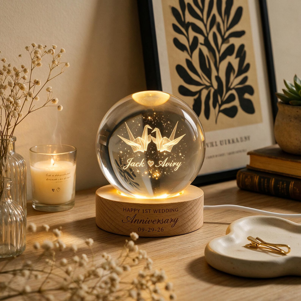 Custom Happy 1st Anniversary Crystal Ball Led Night Light, Custom Paper Wedding Keepsake Night Light WD0901