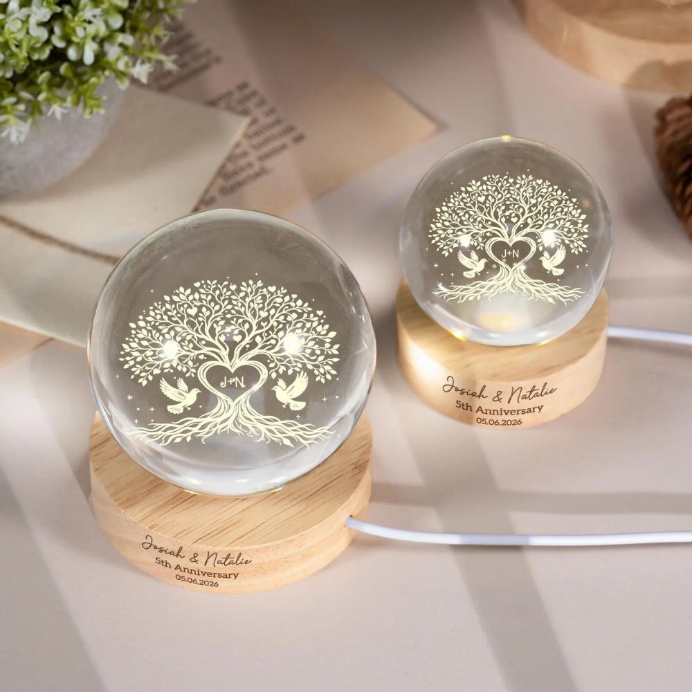 Personalized Tree 5th Anniversary Wedding Crystal Ball Led Night Light, Custom 5 Years Anniversary Night Light WD0829