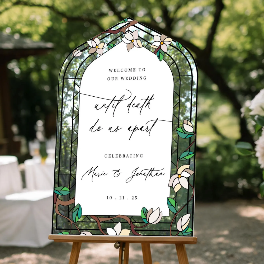 Personalized Until Death Do Us A Part Floral  Stained Glass Wedding Acrylic Sign, Custom Floral Stained Glass Welcome Sign For Wedding WD0706