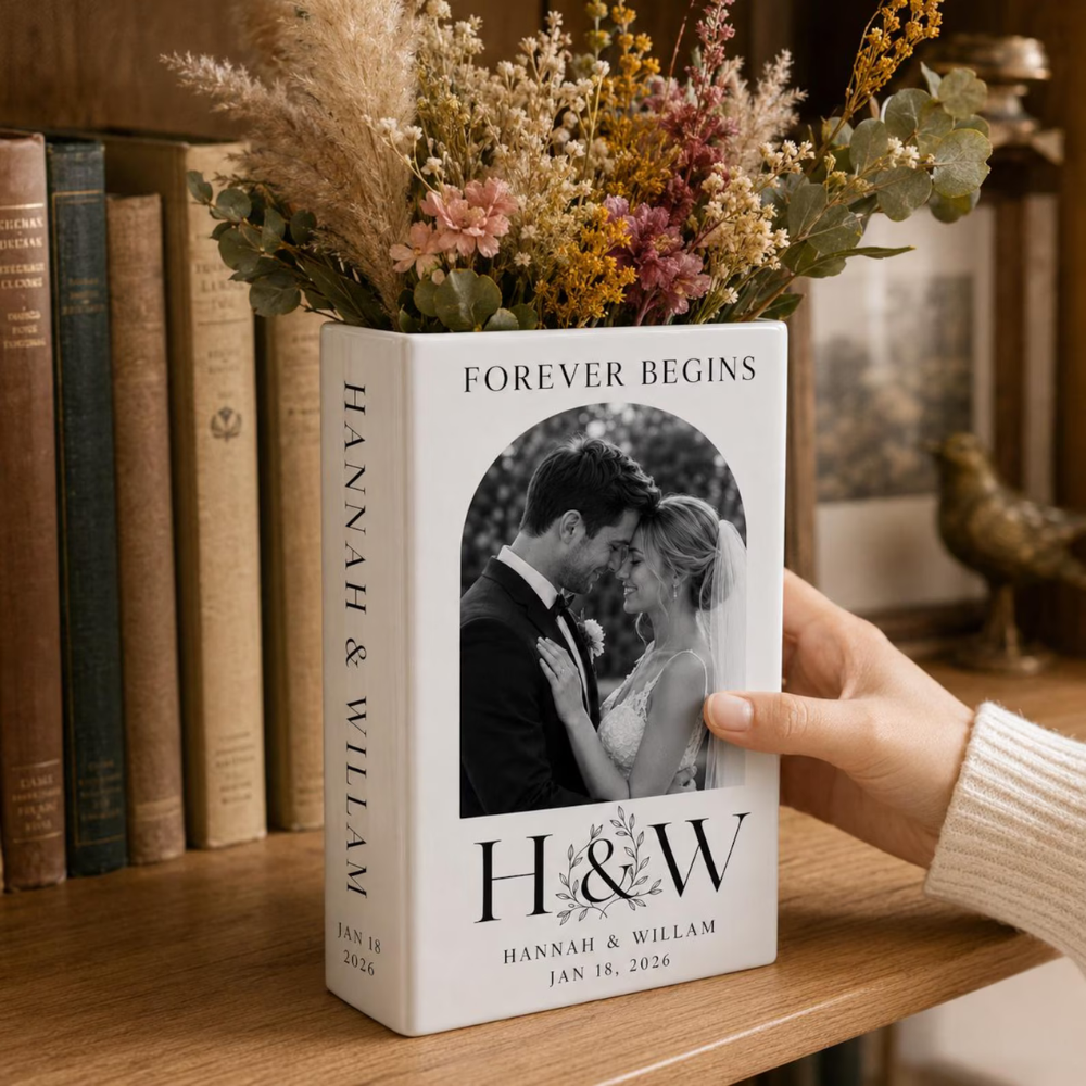 Custom Wedding Photo Ceramic Book Vase, Personalized Wedding Book Vase WD0555