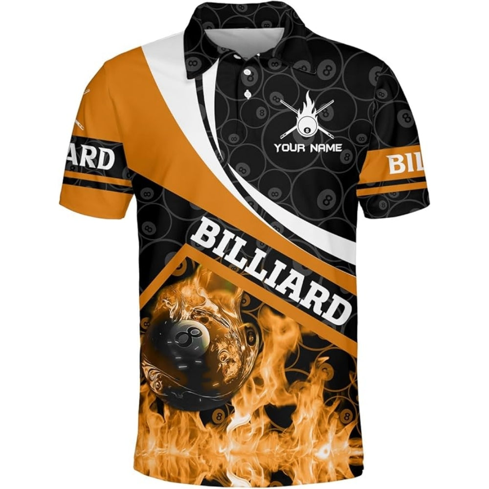 Custom Red Flame 8 Ball Billiard Men Polo Shirts, Custom Flame Billiard Team Shirts BIZ0164