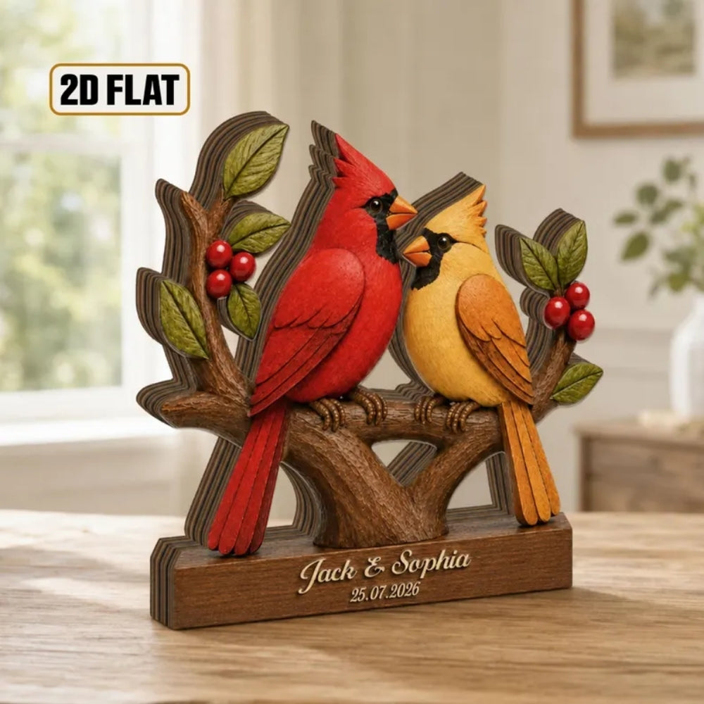 Custom Cardinal Couple Layer Wooden Block With Name, Custom Birds Couple Wedding Keepsake Plaque WD0952