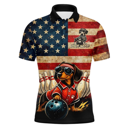 Dachshund Vintage American Flag Custom Mens Bowling Polo Shirt, Custom Dachshund Bowling Team Shirts BZ0539