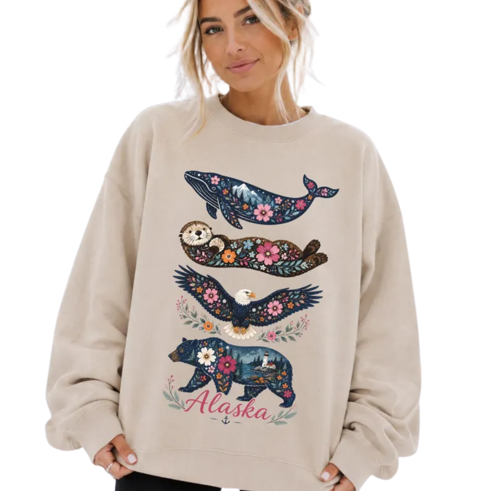 Floral Wildlife Alaska Sweatshirt For Women, Alaska Trip Sweatshirt 2D0899