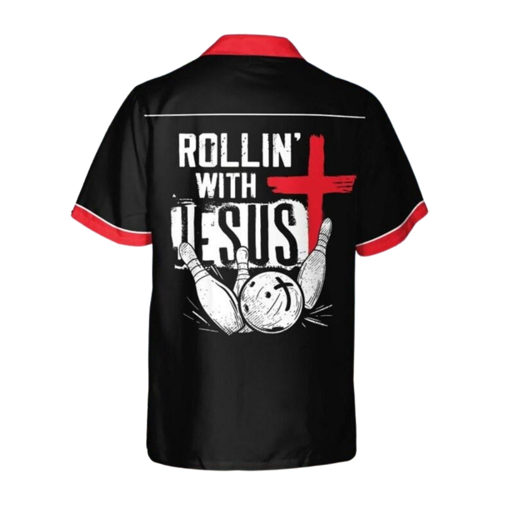 Rollin' With Jesus Black And Red Hawaiian Bowling Shirt For Men, Christians Bowling Shirts BE0127