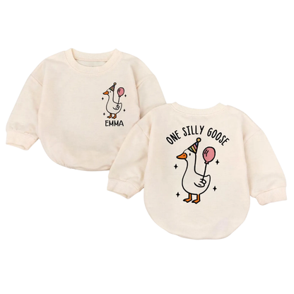 Custom Name One Silly Goose Baby Romper Sweatshirt, Custom First Birthday Baby Romper Sweatshirt BB0150