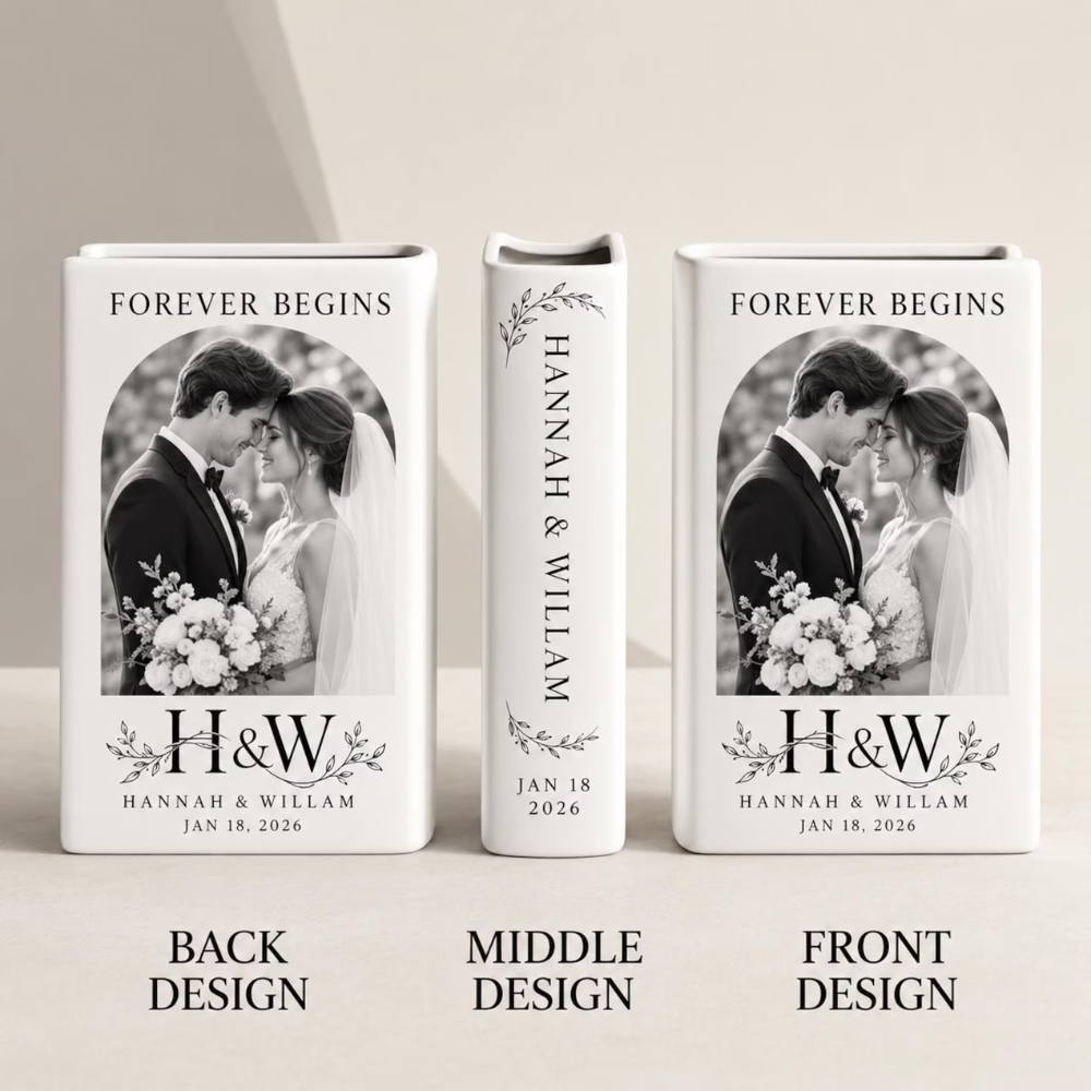 Custom Wedding Photo Ceramic Book Vase, Personalized Wedding Book Vase WD0555