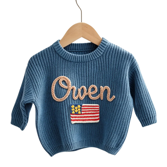 American Flag Custom Name Baby Embroidered Knit Sweater, Custom Patriotic Baby Sweatshirt BB0801