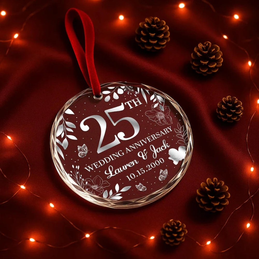 Personalized 25th Wedding Anniversary Glass Ornament, Custom Silver Anniversary Ornament WD0286