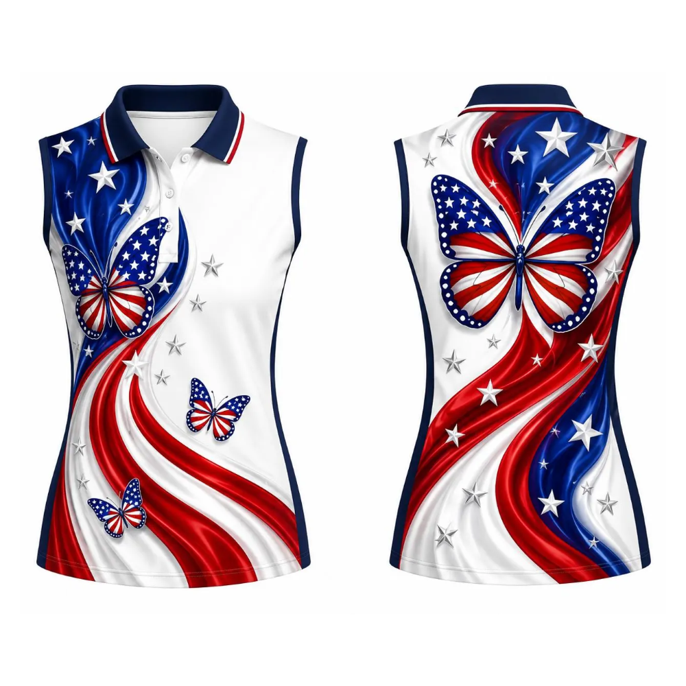 Butterfly USA Flag Women's Sleeveless Golf Shirt, Fourth Of July Butterfly Golf Shirt Womens GE0528