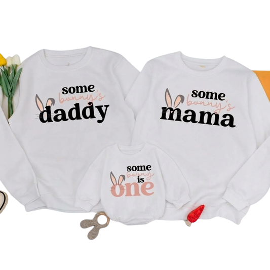 Some Bunny Is One Custom First Birthday Matching Sweatshirt Family, Custom Bunny 1st Birthday Family Sweatshirts ET1572