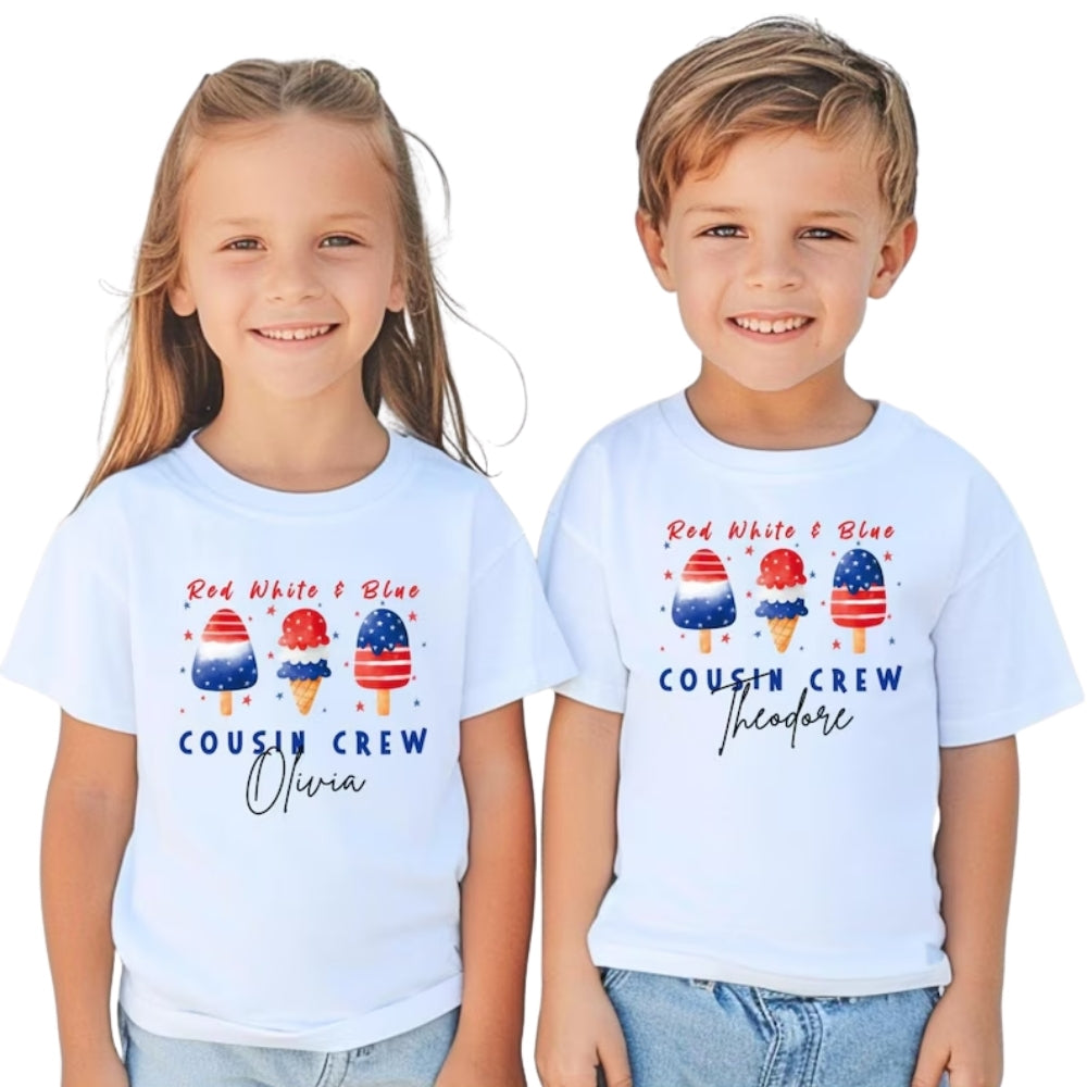 Red White And Blue American Flag Ice Cream Cousin Crew Custom Name Matching T Shirts, Personalized 4th Of July Matching Cousin Shirts ET0792