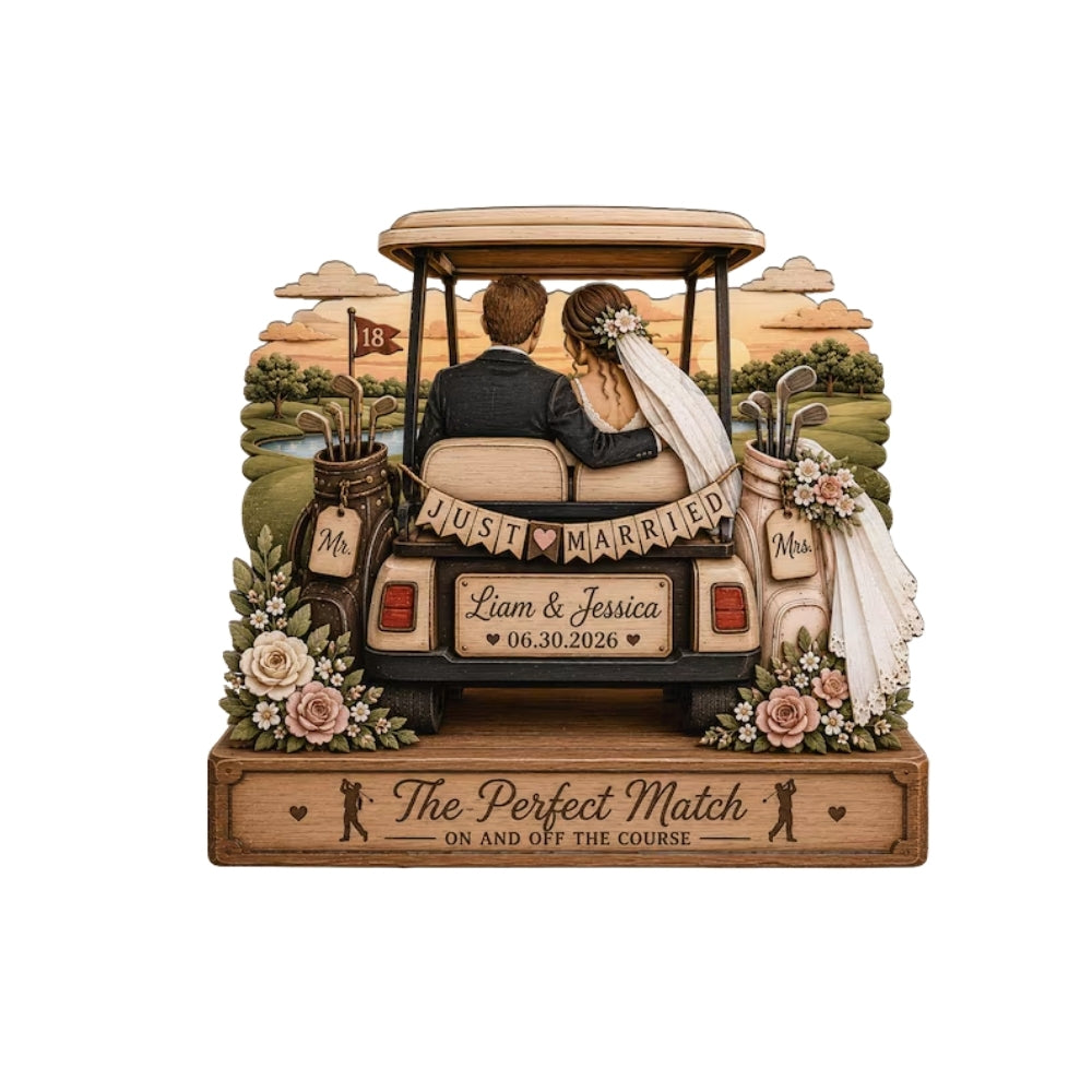 Just Married Custom Golf Couple Wedding Wooden Plaque, Custom Wedding Golf Keepsake Wodden Block WD0787