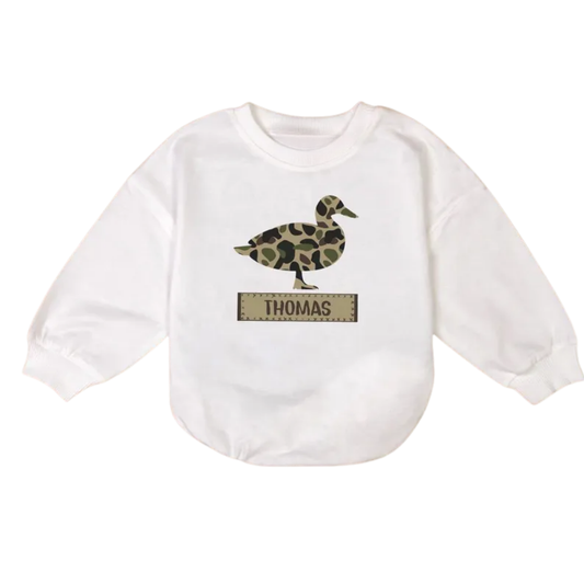Personalized Camo Duck Baby Romper Sweatshirt, Baby's Duck Lover Romper Sweatshirt BB0232