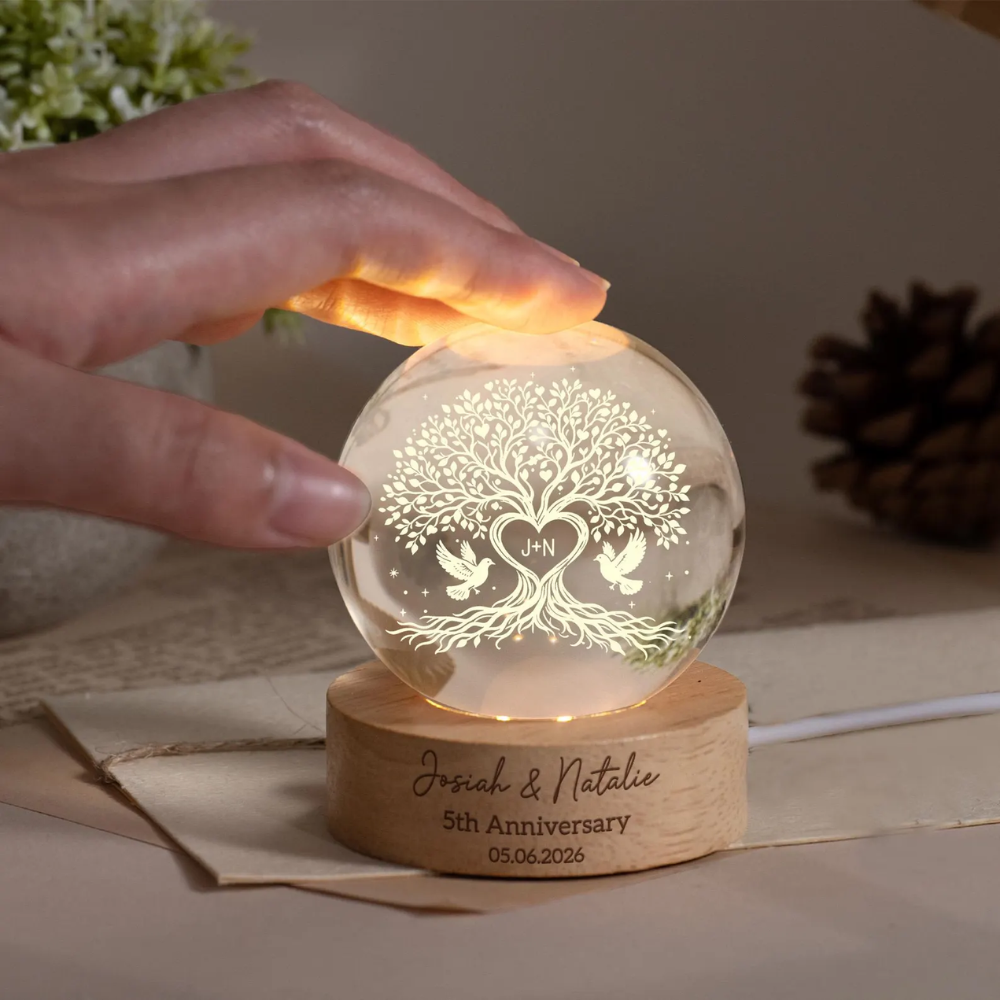 Personalized Tree 5th Anniversary Wedding Crystal Ball Led Night Light, Custom 5 Years Anniversary Night Light WD0829