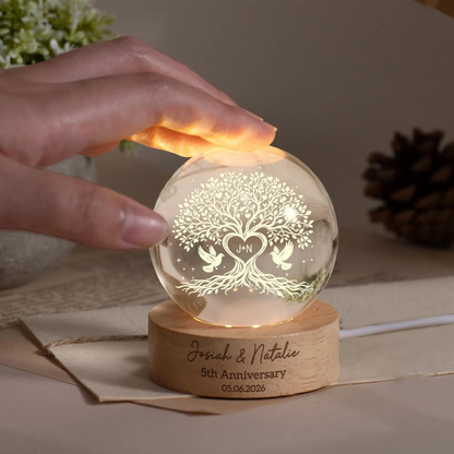 Personalized Tree 5th Anniversary Wedding Crystal Ball Led Night Light, Custom 5 Years Anniversary Night Light WD0829