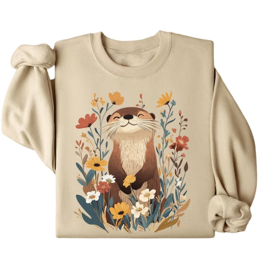 Cute Smiling Otter Floral Sweatshirt, Otter Sweatshirt 2D0758