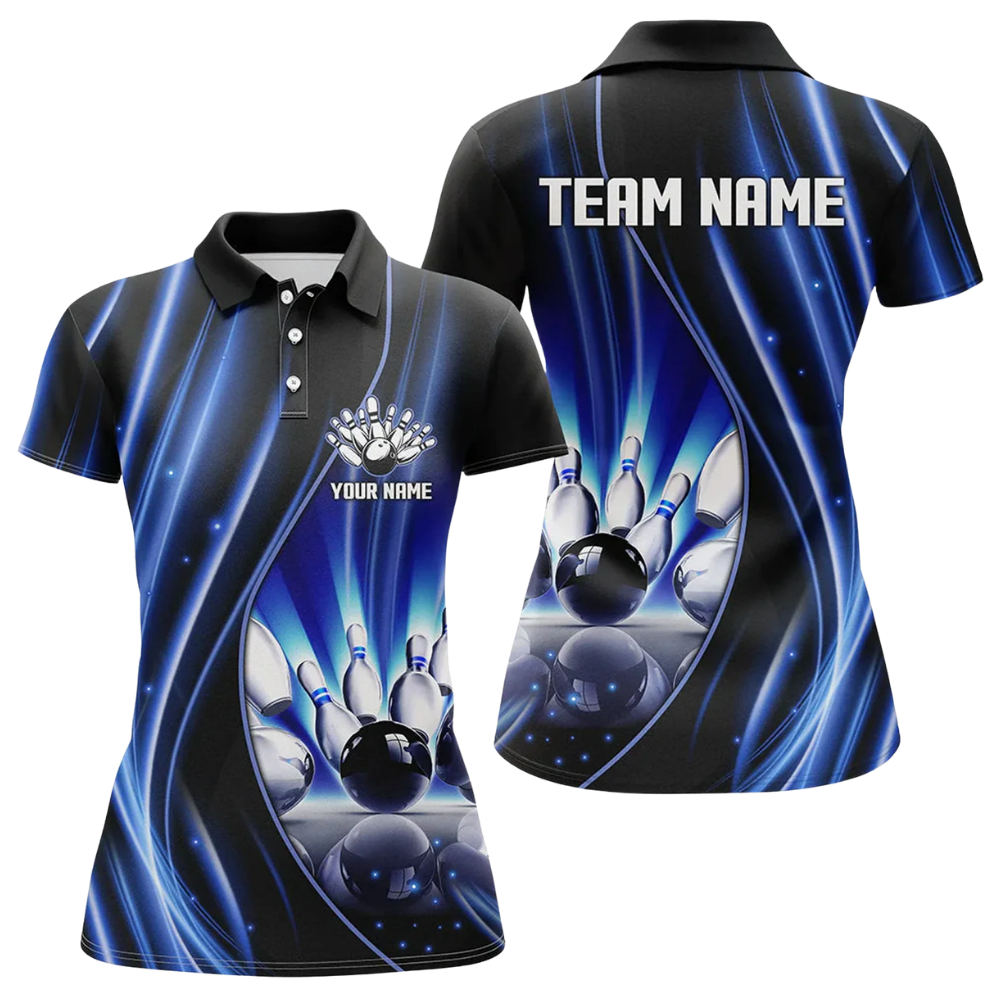 Custom Team Black And Pink Lightning Bowling Polo Shirt For Ladies, Custom Bowling Shirt For Women BZ0488