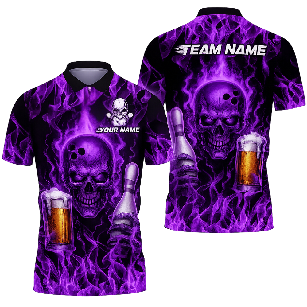 Custom Red Flame Skull And Beer Men's Bowling Polo Shirt, Custom Skull Bowling Team Shirts BZ0468