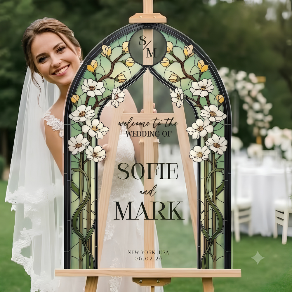 Custom Green Floral Stained Glass Wedding Acrylic Welcome Sign, Custom Stained Glass Wedding Sign WD0707